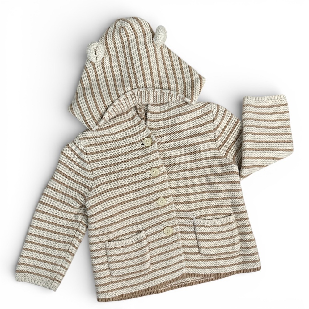 Baby Gap Knit Cardigan Baby‎ 12-18M Tan Striped Bear Ear Hooded Sweater Boho